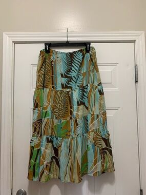 Maxi Skirt with Tropical Leaf Print in Teal & Brown